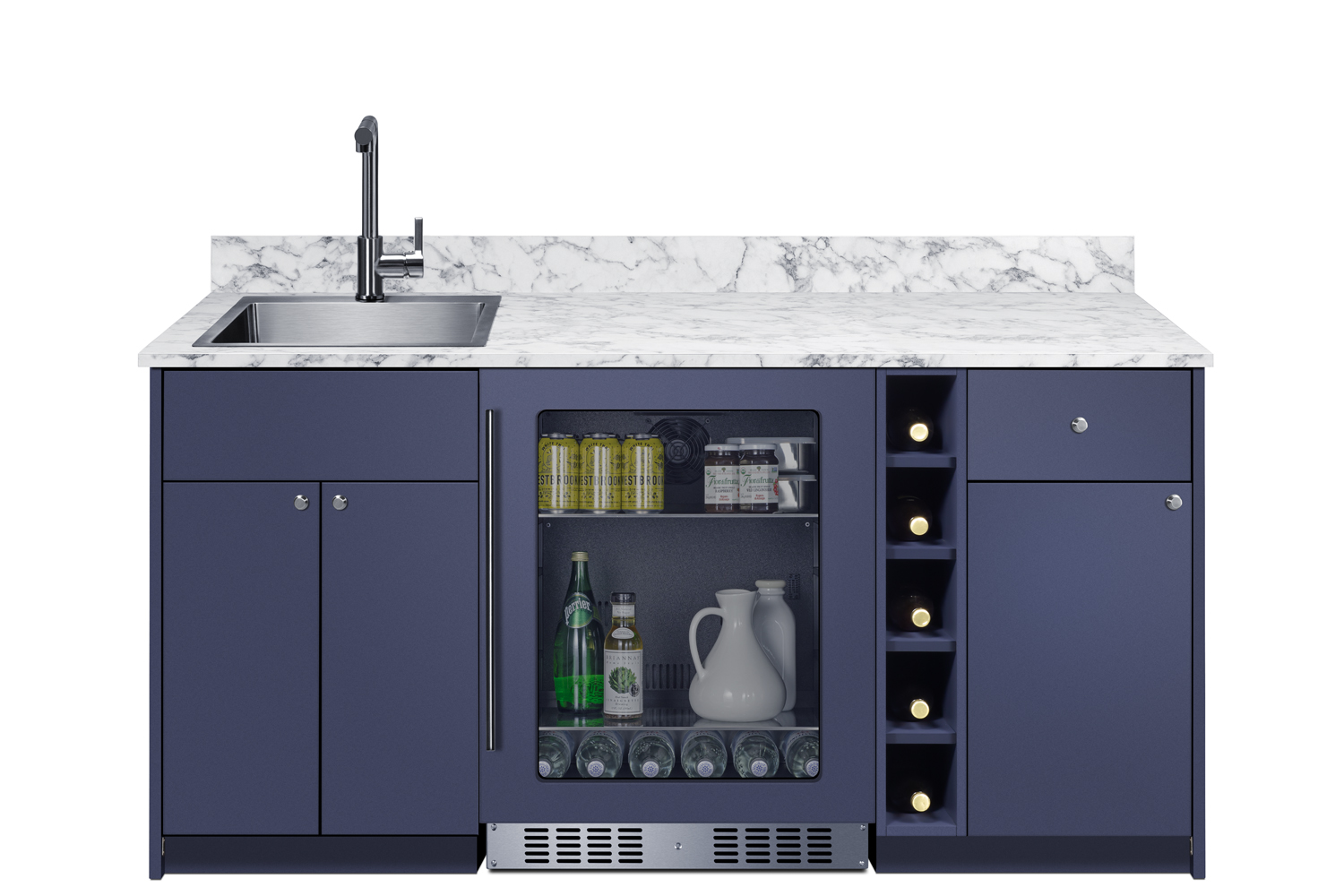 ADA-height Turnkey Oasis Wet Bar featuring pre-assembled cabinetry and countertop with stainless steel sink, glass door beverage center, wine cubby, and storage cabinetry; ships in two boxes on one pallet